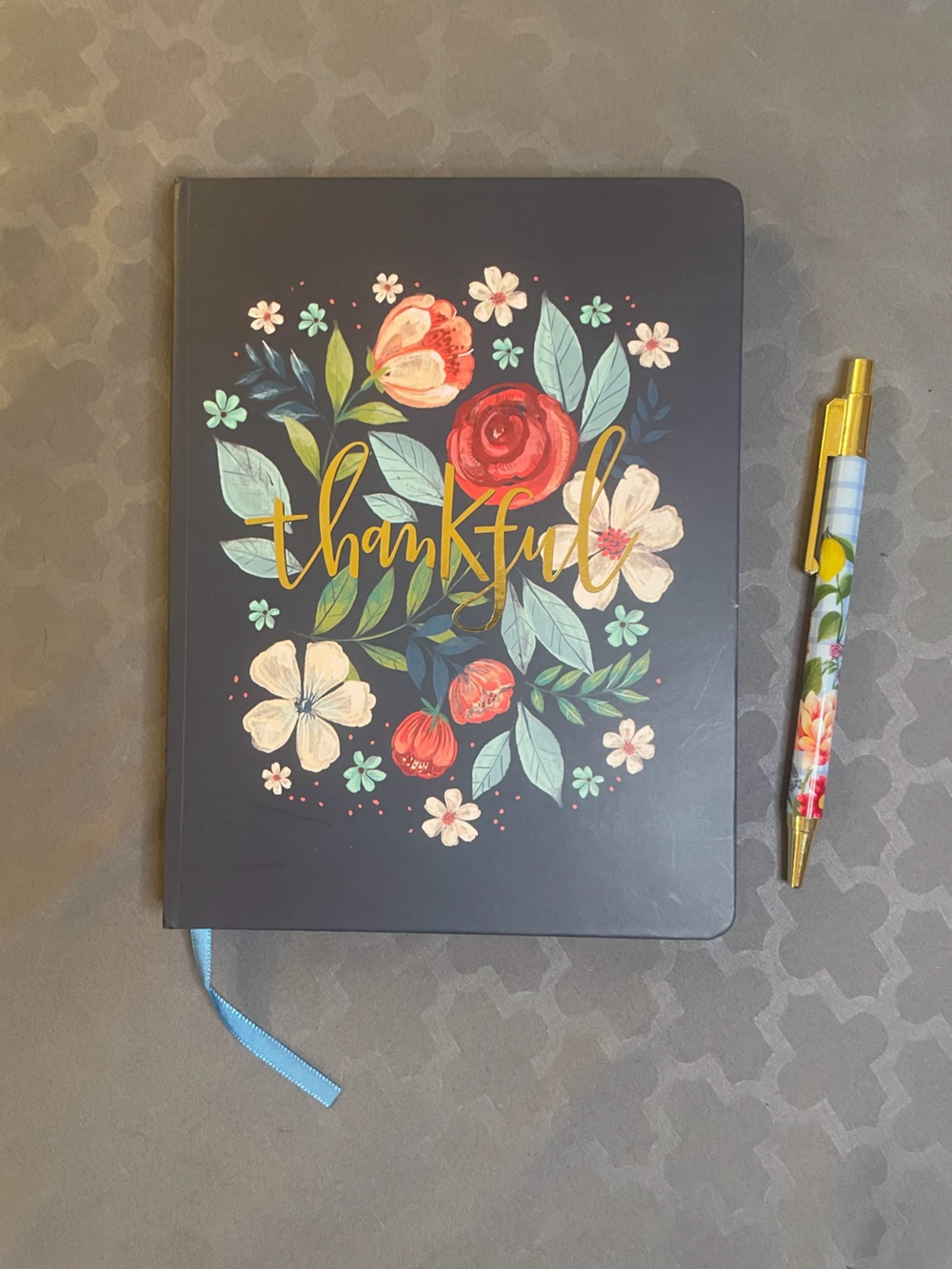 “Thankful” Floral Hardcover Journal with Gold Script and Floral Pen